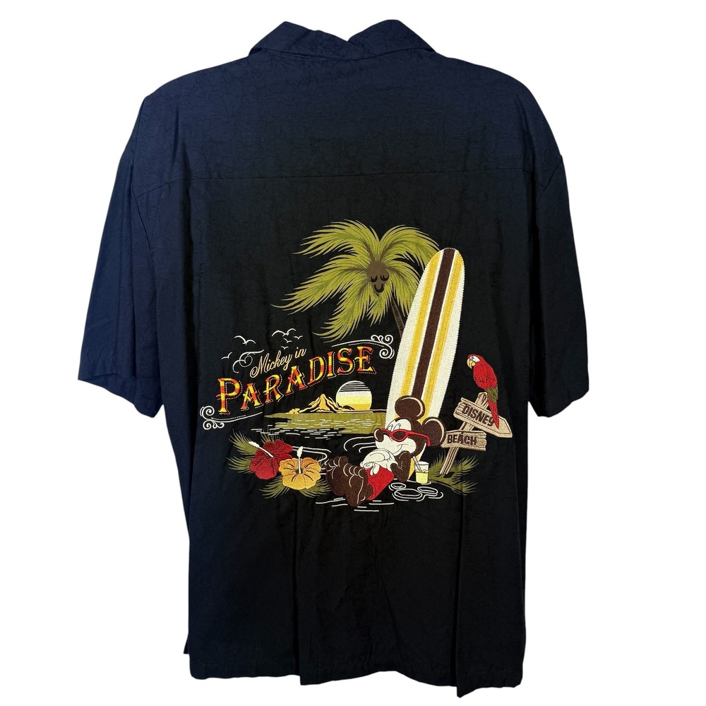 Disney Parks Mickey in Paradise Aloha Shirt Mens XL Black Floral Jacquard Camp